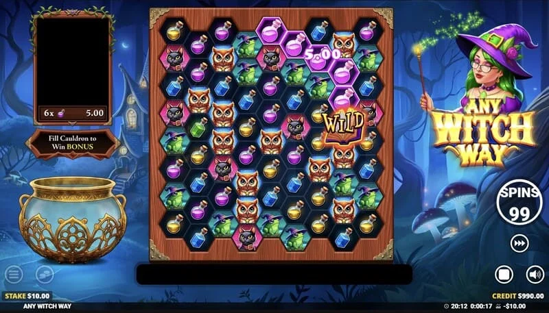 Any Witch Way - skrin permainan dengan kuali dan grid 9x8